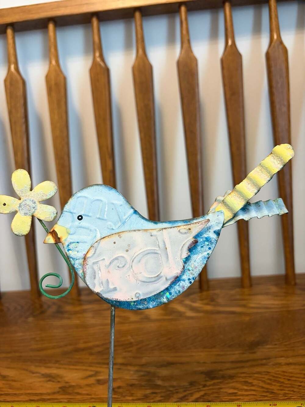 Handcrafted Metal Bird Garden Stake with Flower